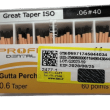 گوتا پرکا 6 درصد پروفا Profa رادیو اپک جهت پر کردن کانال خالی شده ریشه دندان و عدم نفوذ باکتری ها انعطاف پذیری عالی تقارب : 6 درصد هربسته حاوی 60 عدد گوتا